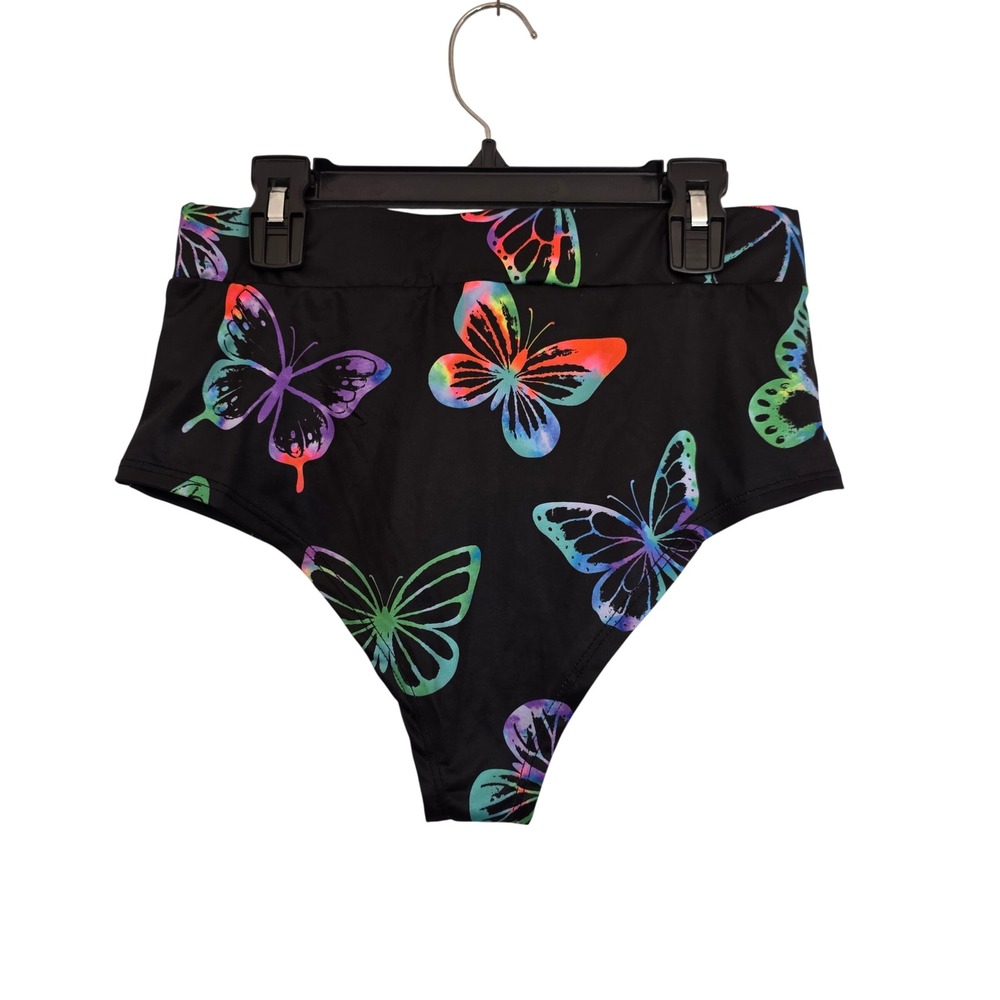 High Waisted Rainbow Butterfly Print Bikini Bottom Black Swimwear